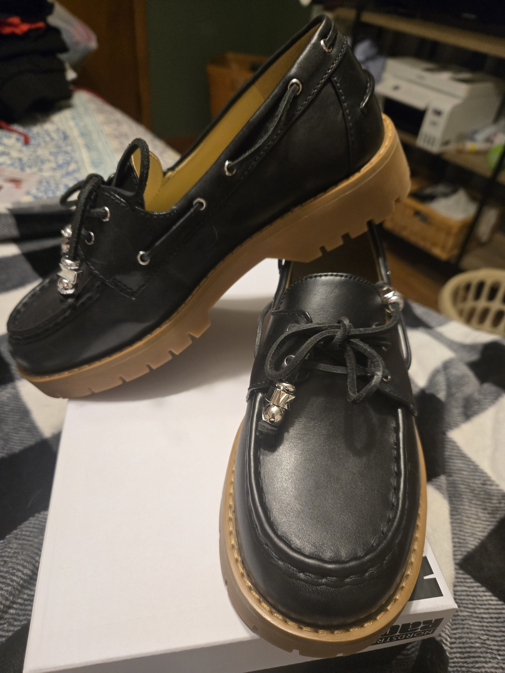 Michael Kors Black Leather Lug Sole Boat Loafers with Tan Outsole